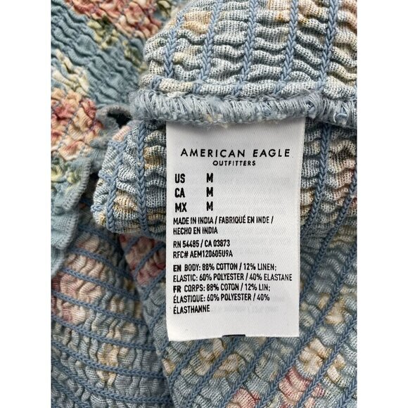 American Eagle Blue Floral Smocked Sweetheart Crop Top Short Puff Sleeves Med - Picture 9 of 11